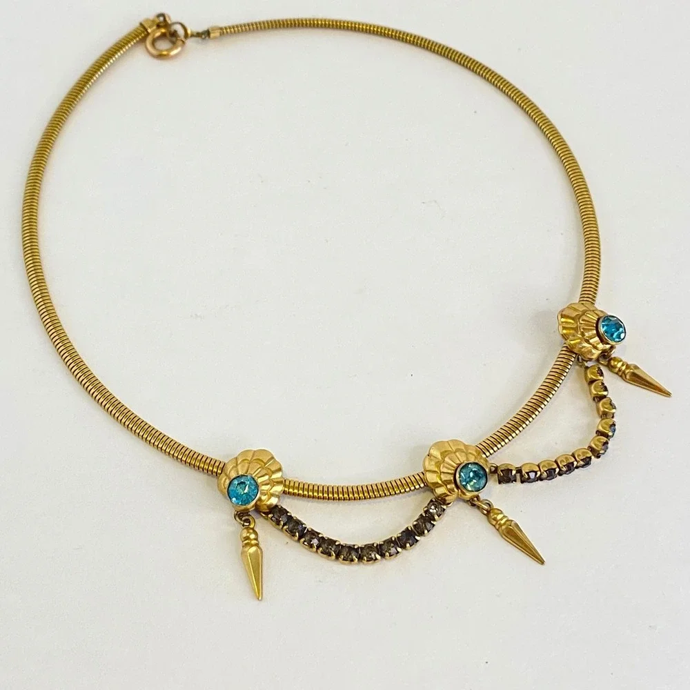 Vintage Gold‎ Filled Blue Rhinestone Festoon Snake Chain Spike Necklace 15